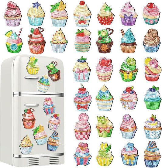 Remuuly 30 Pcs Cupcake Diamond Painting Magnet Diamond Art Kits for Adults | Cake Refrigerator Magnets, Cupcake 5D Rhinestone, Fridge Magnetic Sticker, Small Diamond Club Gifts, Beginner DIY Crafts