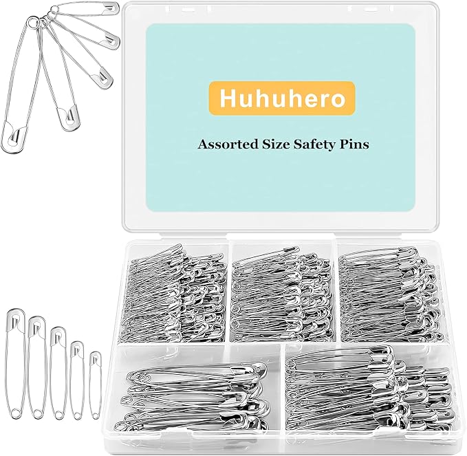 Huhuhero 340 Pack Silver Safety Pins Assorted, 5 Different Sizes Pin Bulk