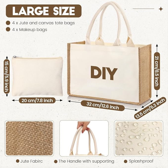 Sweetude 4 Set Jute Burlap Tote Bag with Canvas Makeup Pouch Reusable DIY Craft Blank Gift Bags for Wedding Bridesmaid(Simple,Beige)