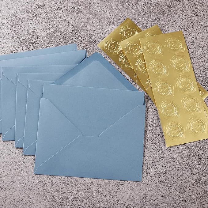50 Pack Dusty Blue A7 Envelopes with Cards and Gold Stickers, 5x7