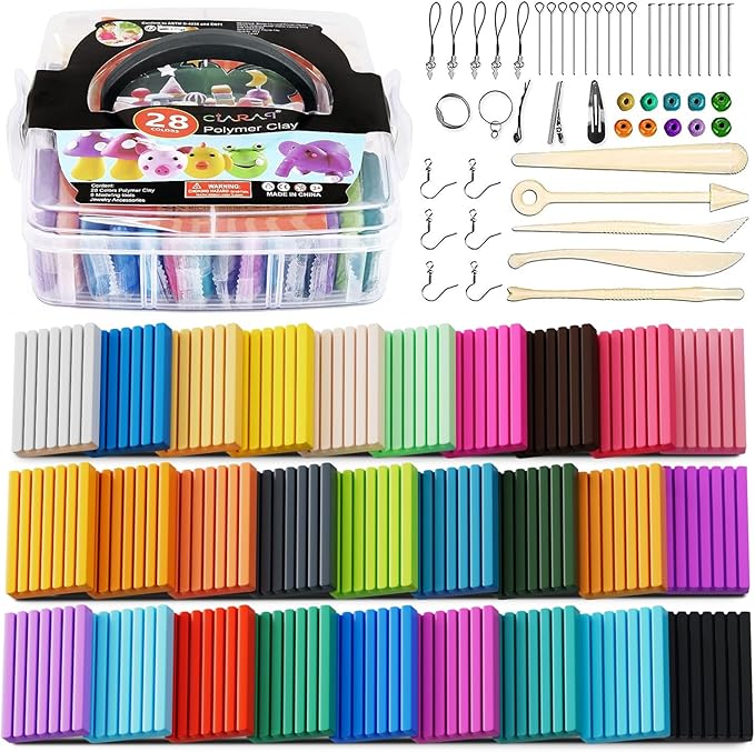 CiaraQ 28-Color Polymer Clay Oven Bake Modeling Kit | 5 sculpting tools, storage box, acc. pack, guide. Great for school, home, gifts, kids & artists.