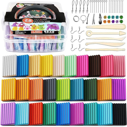CiaraQ 28-Color Polymer Clay Oven Bake Modeling Kit | 5 sculpting tools, storage box, acc. pack, guide. Great for school, home, gifts, kids & artists.