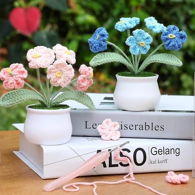 Forget-Me-Not Crochet Flower Potted Plant, Handmade Pink Flower Gift for Mom, Wife, Grandma, Mother’s Day Gift, Cute Desk Decor, Birthday Gift for Women Cute Desk Decor Floral Home Decoration
