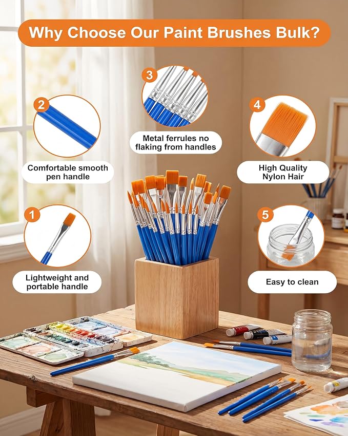 Small Paint Brushes Bulk, 160 Pcs Flat Tip Round Acrylic Paint Brushes for Kids Classroom Acrylic Watercolor Canvas Face Painting Touch Up
