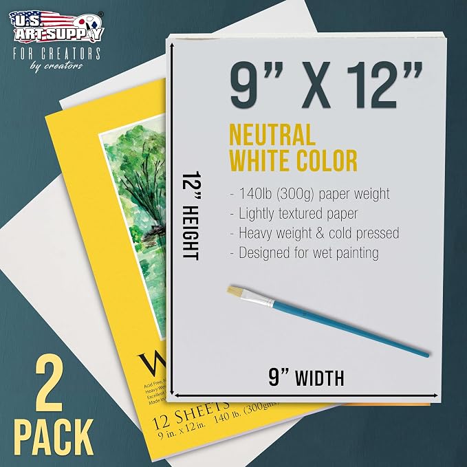 U.S. Art Supply 9" x 12" Premium Heavyweight Watercolor Paper Pad, 2-Pack