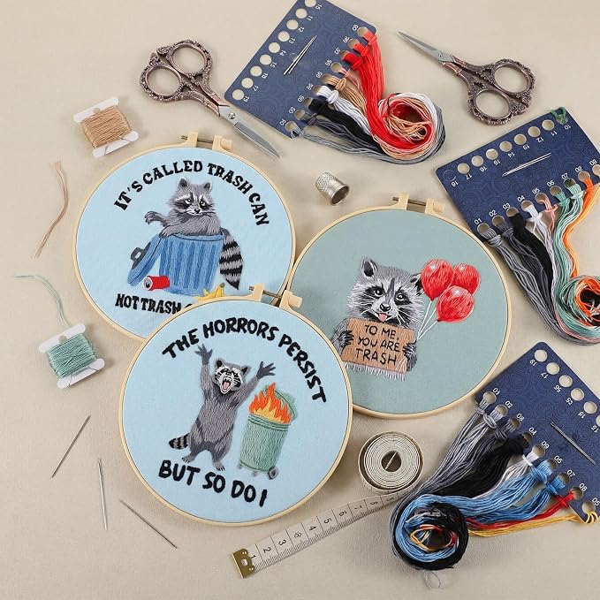 Mindsoft 3 Set Needlepoint Kit for Beginners with Hoop,Raccoon | Bamboo Hoop Thread Needles Instructions, Easy Hand Embroidery for Beginners Home Crafts,Pre-stamped Funny Cute Designs