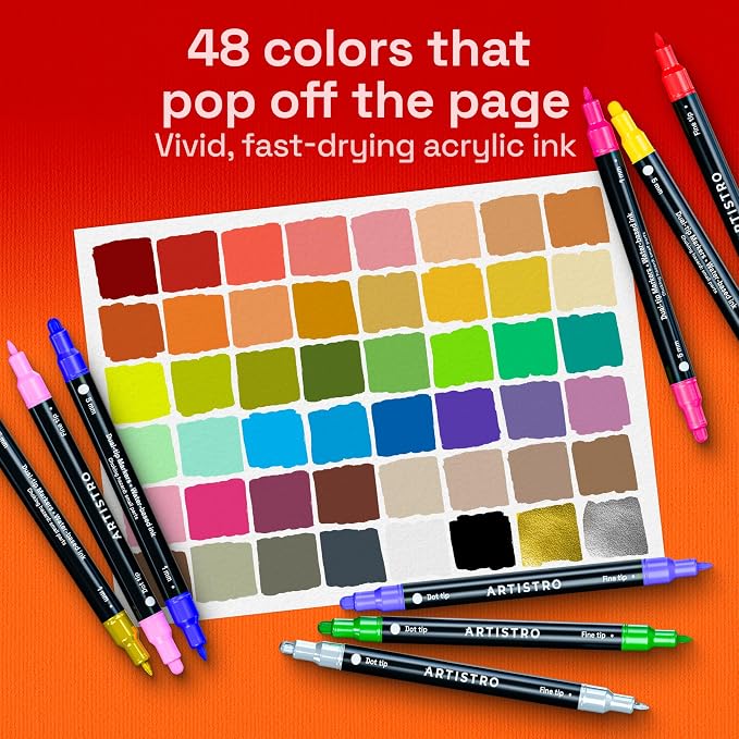 ARTISTRO Dual-Tip Acrylic Paint Marker Pens - Set of 48 | For Fabric, Rock, Glass, Wood, & Coloring Books, Arts & Crafts Gift, Classroom Must Haves & School Supplies (Dot & Fine Tips)