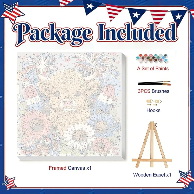 Gemozaic 4th of July Framed Paint by Numbers Kit for Adults and Kids 8-12, Patriotic Highland Cow Paint by Number Kits for Adult for Independence Day Gift, Home, Office, Wall Decor, 8 x 8 Inch