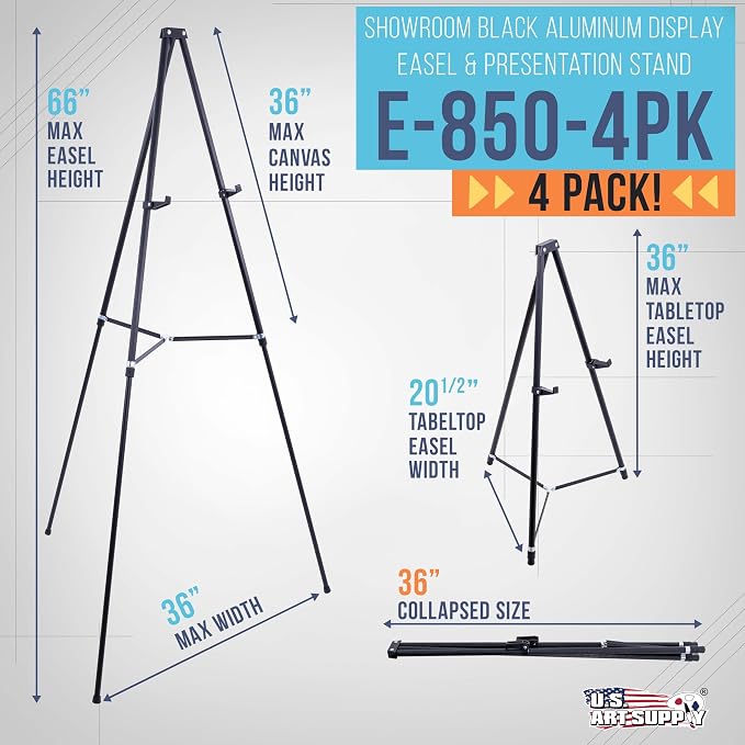 U.S. Art Supply 66" High Black Metal Display Art Easel (4 Pack) - Large | Adjustable Height Portable Easel Stand, Sign Display, Holds 25 lbs - Floor & Tabletop Easels, Sign Stand