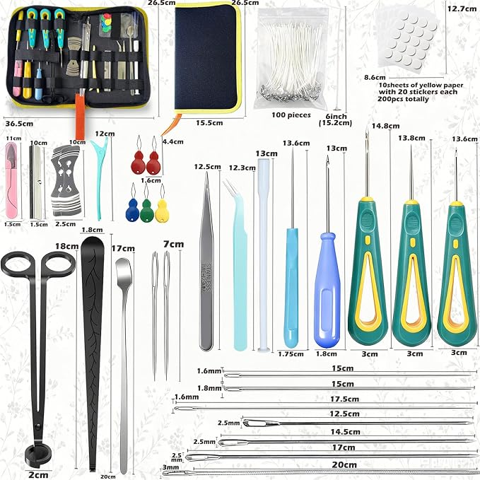 135PCS Candle Making Kits with Candle Wick Trimmer(7IN)& Dipper,Big Eye Long Needle Mold Hook Punch Needle for Inserting Wick,Cotton Wick with Metal Sustainer Tabs,Wick Stickers for Candle Lovers