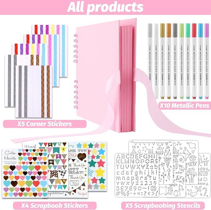 Gotideal 80 Pages Scrapbook Album with 10 Metallic Markers, Pink | Craft Paper Photo Album for Wedding and Anniversary, Family DIY Scrapbook Accessories with Scrapbooking Stickers Corners