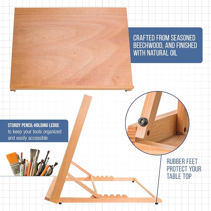 U.S. Art Supply X-Large 25-5/8" x 19" (A2) Wooden Drawing Board, Adjustable | Table Top Easel for Painting and Drawing - Drafting Board with 6 Angles, Pencil Ledge, Locking Storage Drawer