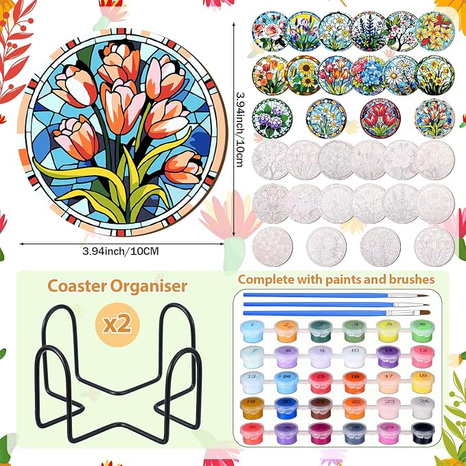Reallnaive 8 Pcs Flower Paint by Numbers Kit for Adults Wood Floral Coaster | Mini Paint by Numbers, Tiny Round Oil Painting Drink Coaster with Holder, for Small DIY Craft Birthday Gift