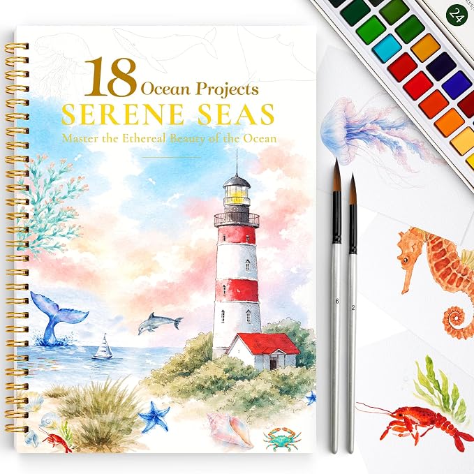 Watercolor Workbook for Beginners,18 Serene Seas Sceneries Water Coloring Book,Relaxing & Easy to Paint Water Coloring Book with 24 Colors-Perfect for Gifting to Creativity & Joy for Adults
