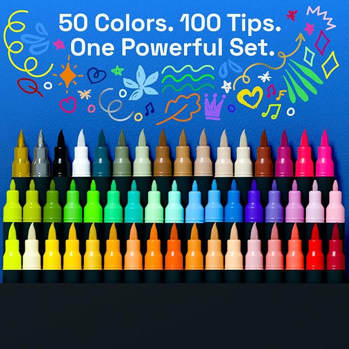 ARTISTRO 50 Acrylic Dual-Tip Glass Marker Pens for Wine Glasses | Brush + Fine Tips Vibrant Dual Tip Paint Pens for Party Charms, DIY, Craft - Art and Craft Supplies for Adults, Teens, Kids