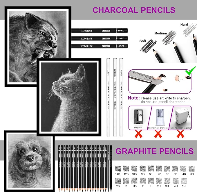 HIFORNY 60 Pcs Drawing Kit Sketching Pencil Set,Sketch Pencils Art Supplies with 3-Color Sketchbook,Graphite,Charcoal,Drawing Pencils for Adults Artists