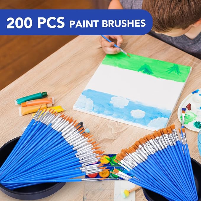 AROIC Acrylic Paint Brush Bulk, 200 pcs Round Flat Tip Nylon Hair Brushes | Professional Oil Watercolor Artist Painting Brushes, Adult Drawing Kit for All Purpose Face Canvas Rock Painting Art Supplies