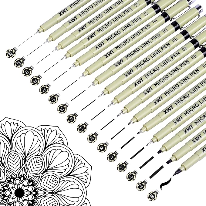 16Pcs Fineliner Micro Drawing Art Pens Set | Black Waterproof Pigment Ink Set for Artists, Sketching, Manga, Watercolor, Calligraphy, and Detail Outlining Inking Markers