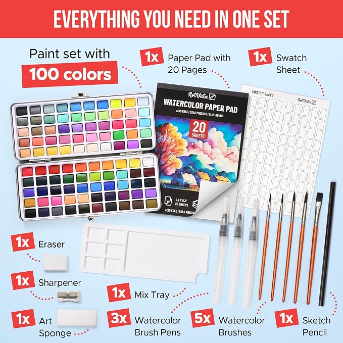 Premium Watercolor Paint Set Bundle with 100 Vibrant Colors for Adults | For Beginners & Professional – Painting Kit & Art Supplies for Adults – Portable Watercolor Set with Paper Pad & Brushes