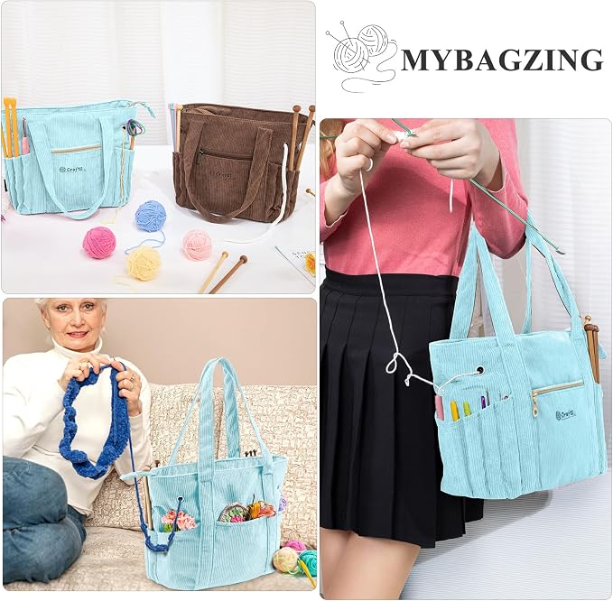 MYBAGZING Corduroy Crochet Bag 11.5" Large Yarn Storage Tote with Grommets, Needle Holders – Knitting Bag Organizer for Crochet Hooks, Accessories, Tools & Projects –Gift for Knitters & Crafters