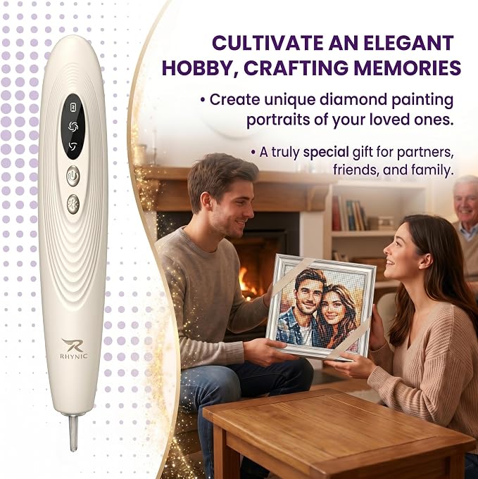 RHYNIC Electric Diamond Art Pens with Light, Diamond Art Kits for Adults, Wireless & Rechargeable Diamond Painting Pen, 2 Suction Levels, Ergonomic Grip, Quiet Diamond Painting Accessories and Tools