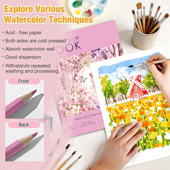 Creazic Watercolor Paper Book, 9"x12" Sketchbook, 18 Sheets 140lb/300gsm - No Bleed Art Paper for Watercolor, Acrylic Paint & Crayons - Gift Ideas for Adults & Students, Drawing Pad for Beginners