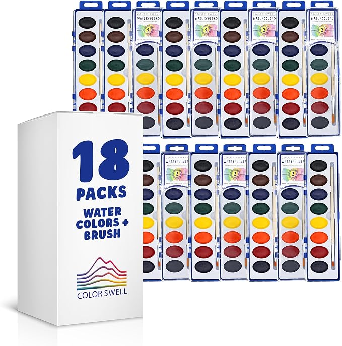 Color Swell 8 Color Bulk Watercolors with Wood Brushes, 18 Pack