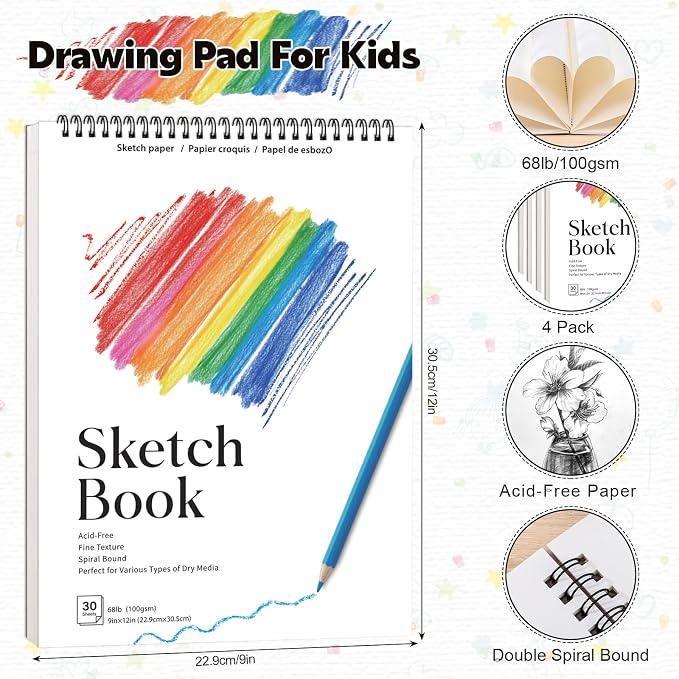 4 Pack Sketch Book 9 × 12 in, Spiral Bound, 30 Sheets Each | 100gsm Acid-Free Paper, Hardcover Backboard, Lay-Flat Spiral, Ideal for Drawing, Sketching & Travel Use