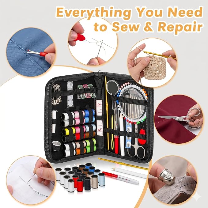 142-Piece Travel Sewing Kit for Adults & Kids, Small Needle & Thread Kit | Mini Emergency Repair Sewing Kit, Beginner Set with Multicolor Thread, Needles, Scissors, Thimble, Clips & Travel Case