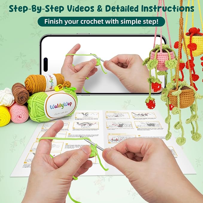 WaldyWop Crochet Kit for Beginners: 3 PCS Hanging Potted Crochet Plants Kits for Adults Kids 8-12 - Easy Video Tutorials & Printed Instructions & 40% Extra Yarn - DIY Birthday Gift Set for Girls Women