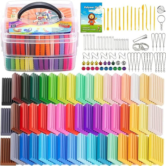 CiaraQ 50-Color Polymer Clay Oven Bake Modeling Kit | 14 sculpting tools, 2‑layer box, accessory pack, guide. Great for gifting, school, home, kids & artists.