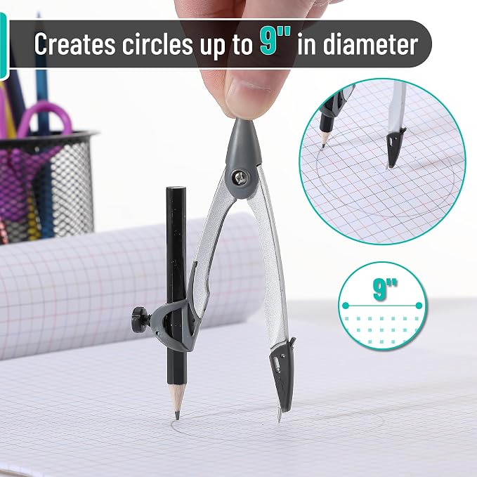 Mr. Pen- Geometry Compass, 4.8", Precision Drafting Compass with Pencil | Draws Circles up to 9", Ideal for Math, Geometry, Students, Architectural Drafting & Classroom Use
