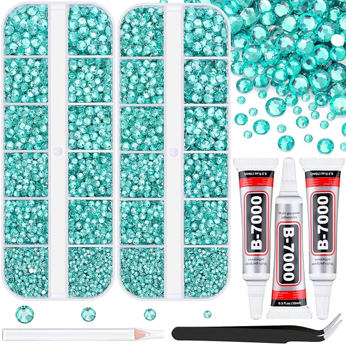 12100Pcs Resin Rhinestones for Crafting with 3Pcs 10ml B7000 Jewelry Glue, 2 Boxes Flatback Crystals Diamond (Aquamarine) for Bedazzling Crafts DIY Nail Art，Non Hotfix Gems for Clothing Shoes