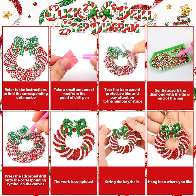 Tondiamo 20 Pcs Christmas Candy Diamond Painting Keychain Kits 5D DIY Diamond Art Pendants Double Sided Hanging Key Chains for Christmas Party Decoration DIY