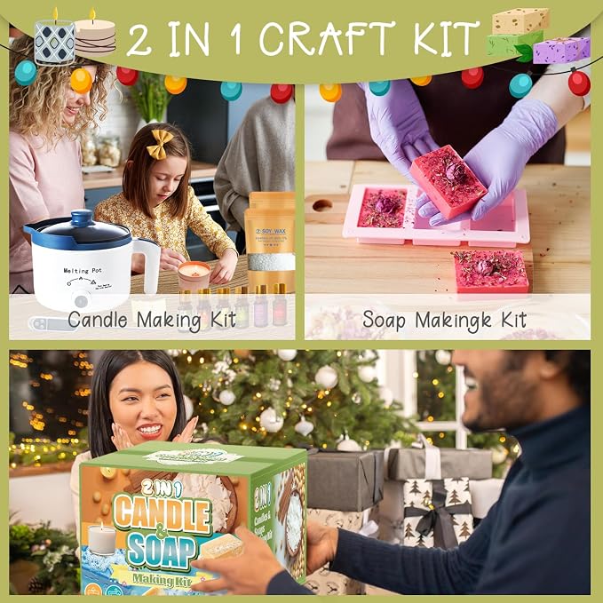PIUH Basic 2-in-1 Candle & Soap Making Supplies Kit with Wax/Soap Melter | DIY Candle & Soap Kit for Craft Starter with Soy wax, Soap Base, Molds and Supplies for Making Handmade Gifts