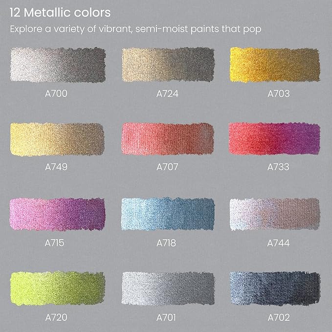 ARTEZA Watercolor Paint Set, 12 Metallic Watercolor Paints, Glitter Watercolor Paint in Half Pans, Travel Watercolor Set | Water Brush Included, Refillable Pans, Mica Shimmer, For Watercolor Paper, Sketchbooks, Journaling and Mixed Media