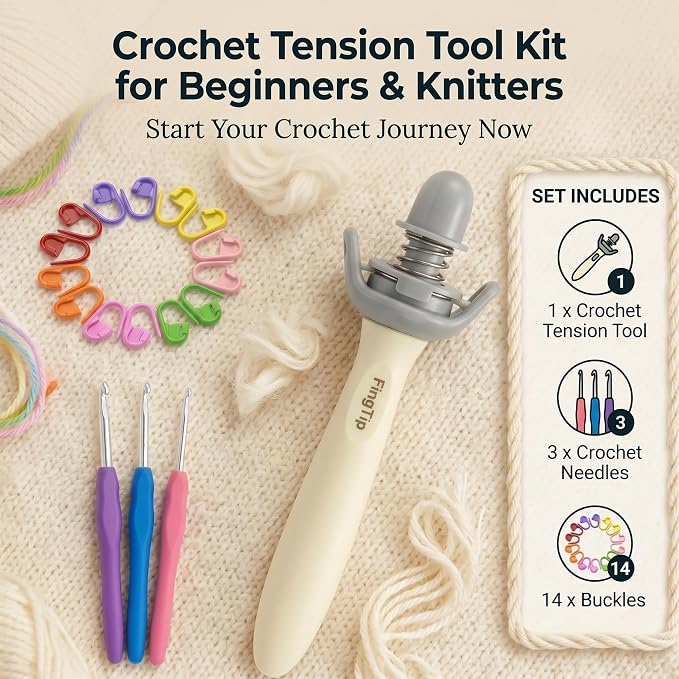 FingTip Crochet Tension Tool Kits for Beginner, Ergonomic Yarn Guide Holder, Comfort Grip Handle for Left & Right Hander, Portable Crochet Accessories Gifts for Crocheters & Knitters