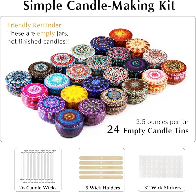 Domivirgo 24 Empty Candle Tins 2.5 oz with Lids - Simple Candle-Making Kit, Includes 26 Wicks, 5 Holders & 32 Stickers, Multi-Purpose Storage Containers for Crafts & Small Items (2.5oz)