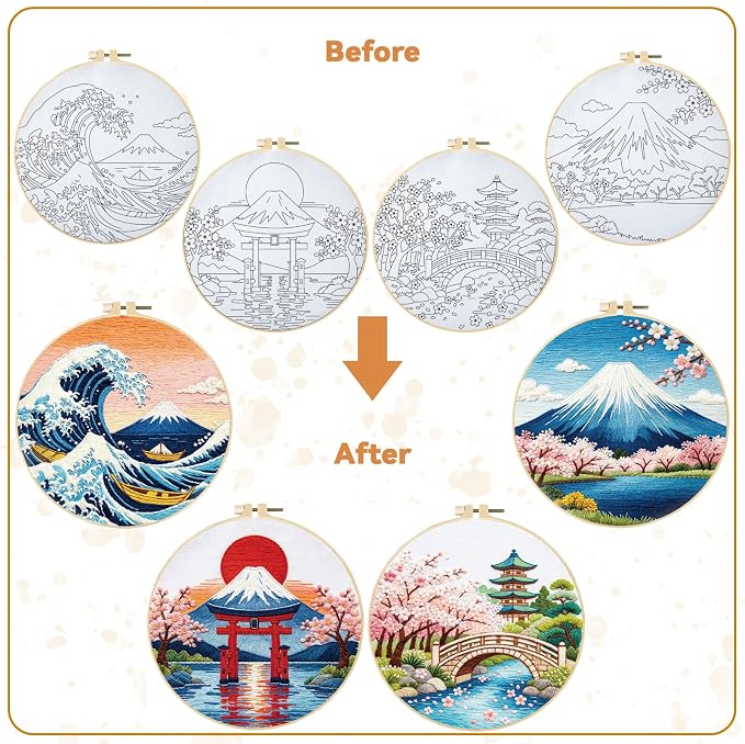 BEUNITONE 4 Pcs Embroidery Kit for Beginner, Ukiyo-e Style Landscape Wave Pattern Embroidery Materials, Cross Stitch Set with Cloth, Thread, Needle and Hoop Tools for Friendship Gift and Home Decor