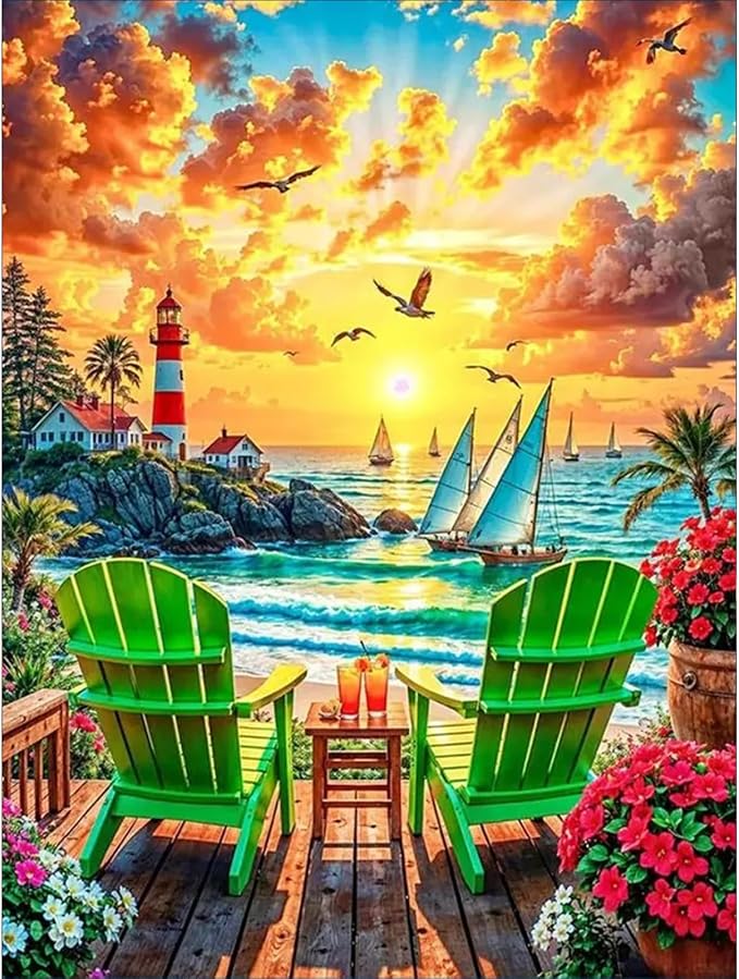 Diamond Art Kits for Adults, 5D Sunset Lighthouse Diamond Painting Kit