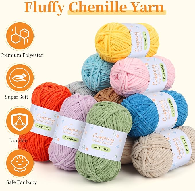 Coopay Chenille Yarn for Crochet, Medium Weight Yarn CYC #4, Blue | Crochet Yarn Set - 400g Total, Soft Velvet Yarn for Colorful Crafts, Blankets, Plush Dolls, Decorative Handmade Works
