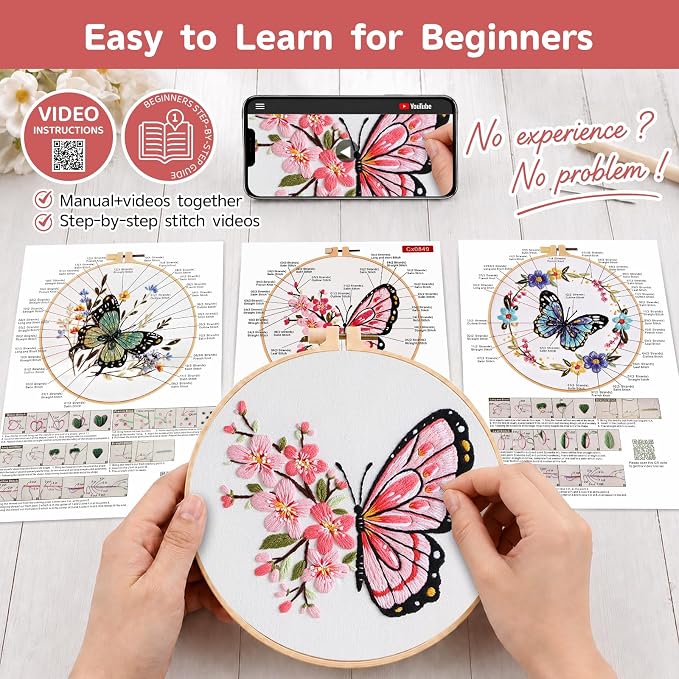 Meyocky Butterfly Flower Embroidery Kit for Beginners with Stitch Videos | 3 Pre-Printed Patterns Embroidery Kits for Adults, Step-by-Step Guide, Hoop Threads Needles, Sewing Hand Craft Gift for Women