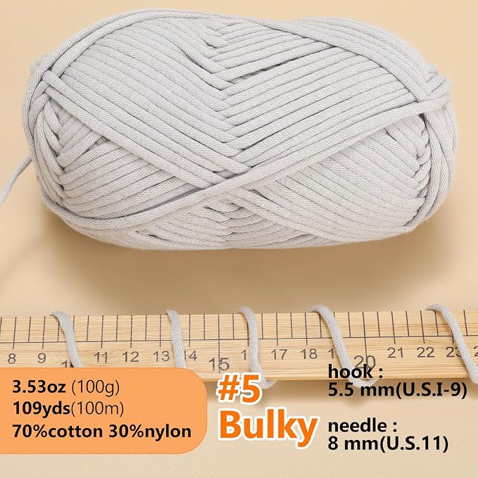 LUCKY BALL Yarn for Crocheting, 100g / 109 yd 70% Cotton 30% Nylon #5 Bulky Tube Yarn, Soft Crochet & Knitting Yarn for Bags, Hats, Socks, Sweaters, Blankets(Grey)