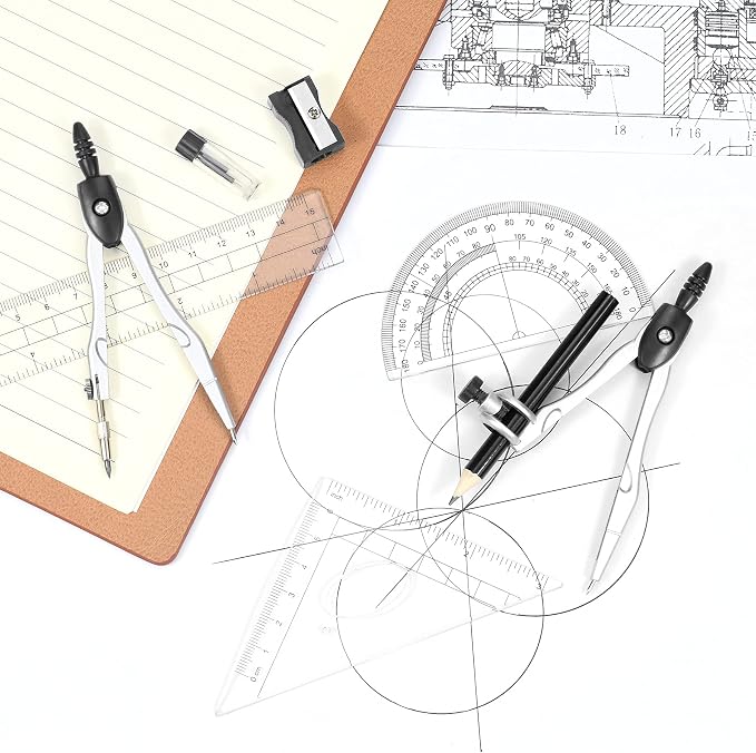 Unjoo Math Geometry Kit Sets 10 Piece Student Supplies, Compass Set, Black | Shatterproof Storage Box,Rulers,Protractor,Compass,Eraser,Pencil Sharpener,Lead Refills,for Classroom