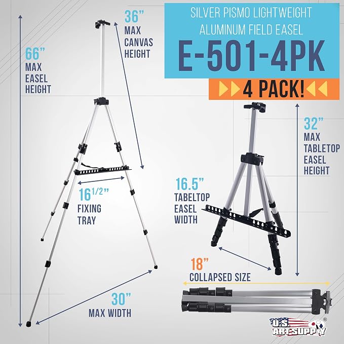 U.S. Art Supply 66" Silver Metal Tripod Easel Display, 4-Pack