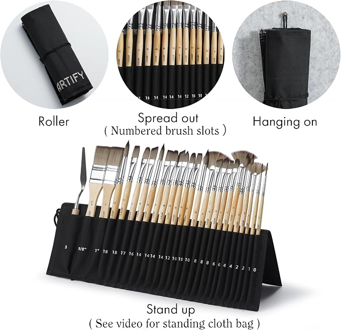 ARTIFY 25 Pieces Professional Paint Brush Set – Expert Series Synthetic Nylon Brushes for Acrylic, Oil, Watercolor, Gouache – No Shedding, Canvas Roll Case & Palette Knife, Artist Gifts Art Supplies
