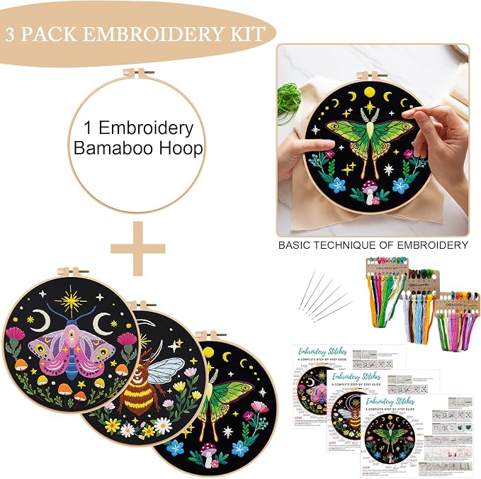 Nuberlic 3 Pack Embroidery Kit for Beginners, Moth and Bee Patterns