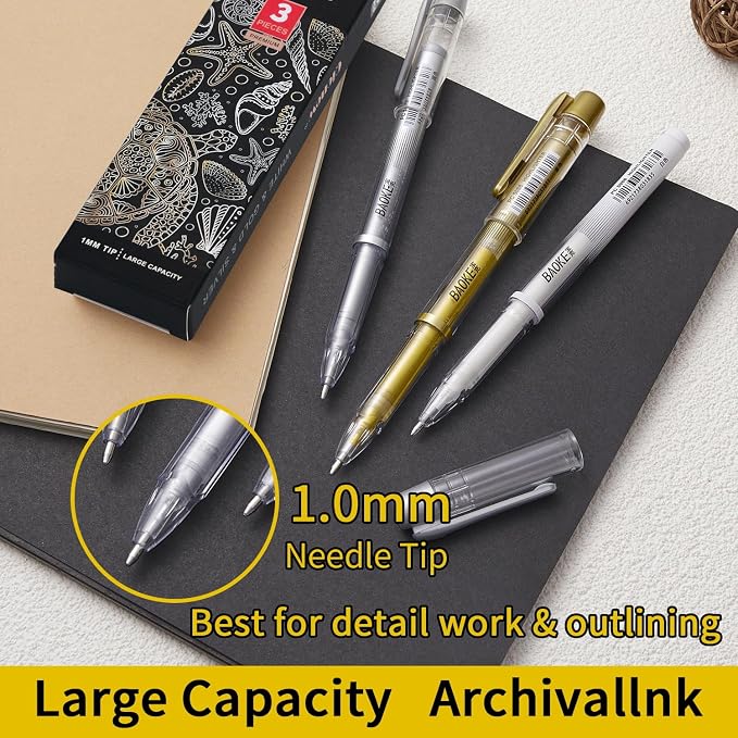 Qionew 3 Colors Gel Pen Set-Gold Silver and White Gel Pens,1mm Gel Ink Pen