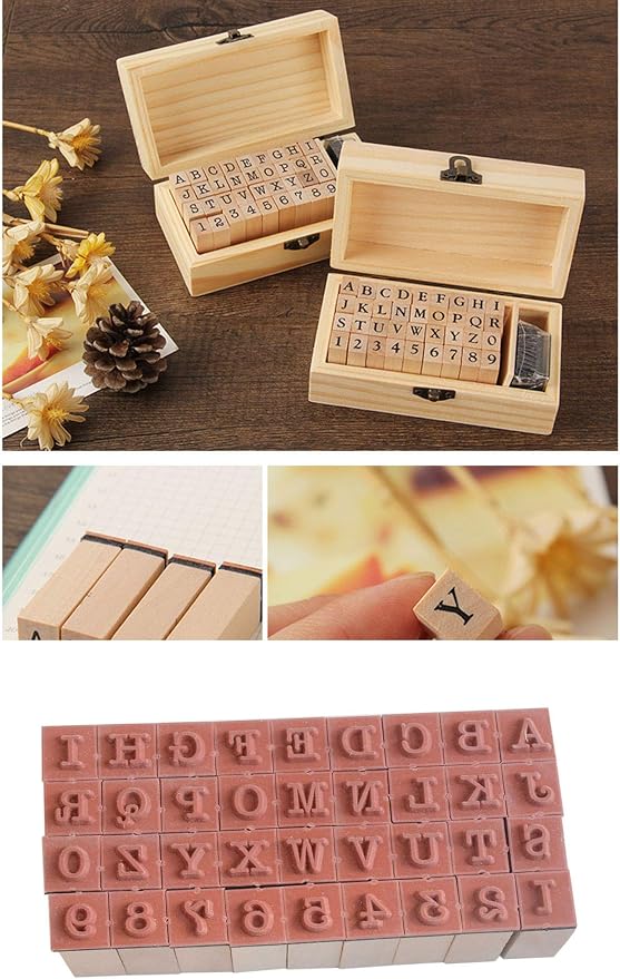 Pack of 36 Pcs Small Wooden Rubber Stamps 0.2 Inch of Letter and Number for DIY Craft Card and Photo Album (B)