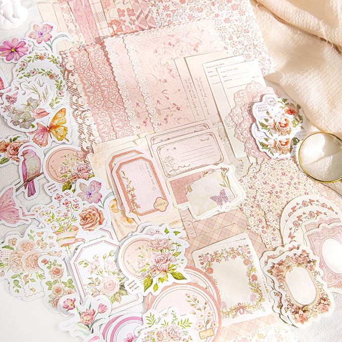 400 Pcs Floral Scrapbook Paper & Stickers, 4 Packs Scrapbook Supplies Kit, Junk Journal Scrapbooking Paper for Journaling, Scrapbooking Embellishments, Planner, Card Making